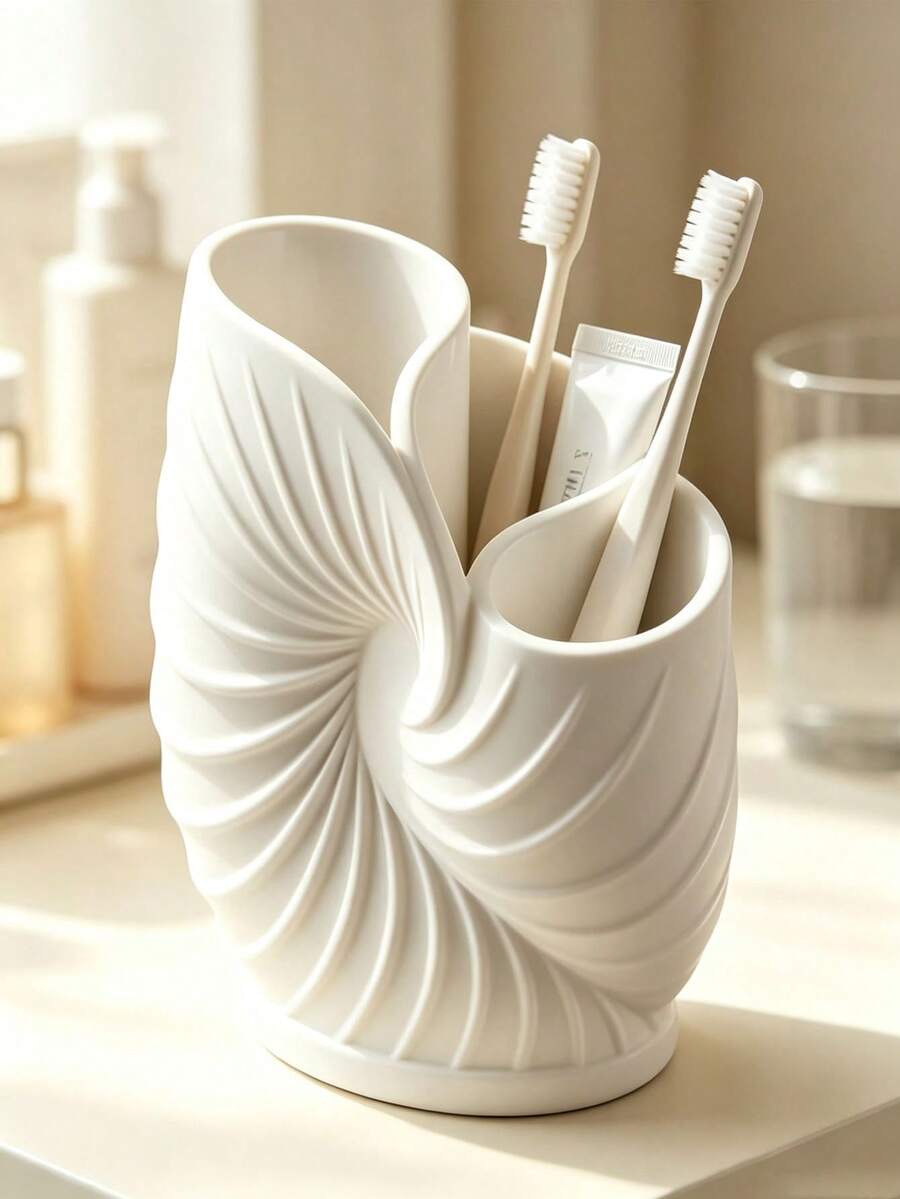 Ocean-Style Seashell Shaped Toothbrush Holder. 3D Spiral Seashell Embossed Design, Pure White Matte Texture, Suitable For Minimalist, Cream, Ins-Style Bathrooms, Both A Storage Holder And A Decorative Ornament. Adds A Beautiful Ocean View To Your Vanity - Multicolor - View 1