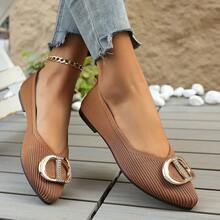 Women's Light Luxury Rhinestone Metal Buckle Low Vamp Brown Breathable Elastic Fabric Pointed Toe Flat Slip-On Shoes, Soft & Bouncy Lining, Comfortable, Elegant Decor, Suitable For Daily Commute, Shopping, Dating, Atmospheric Elegant - Brown - View 2