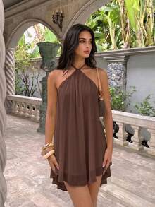 Casual Sexy Fashion Halter Neck Backless Chiffon Loose Fit Dress, Asymmetric Hem Elegant Style - Brown - View 3