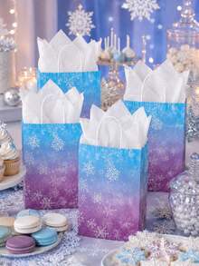 10/5/1pc Winter Snowflake Gift Bag Set, Blue-Purple Gradient Snowflake Pattern Kraft Paper Gift Bags With White Tissue Paper, Christmas Birthday Wedding Winter Holiday Celebration Party Favor Gift Packaging - Multicolor - View 9