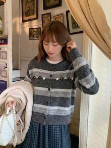 Korean Style Soft Casual Striped Knit Cardigan Sweater Jacket, Women's Autumn/Winter New Soft Versatile Sweet Cardigan - Dark Grey - View 6