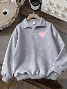 Girls' Heart Print Grey Zip-Up Hoodie And Grey Wide Leg Pants 2 Pieces Set, Minimalist Design, Suitable For Spring, Autumn And Winter, Comfortable And Cozy - Grey - View 3