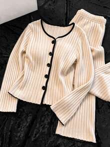 Set Piyama Rajut Bertekstur untuk Anak Perempuan, Atasan Lengan Panjang Kancing Depan dengan Trim Hitam Kontras & Celana Pinggang Elastis, Baju Tidur dan Loungewear Lembut Slim untuk Remaja - Putih - View 3