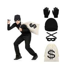 4PCS Burglar Robber Costume Set, Thief Cosplay Accessory Kit With Beanie Hat Eye Mask Gloves Money Bag For Party Fancy Dress - Multicolor - View 4