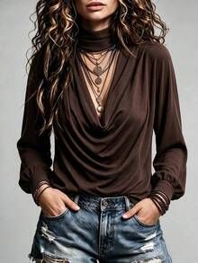 Women's Elegant Long Sleeve Top, Women's Autumn/Winter Clothing Outfit, Knitted Drape Design Loose Top, Halloween Thanksgiving Back To School Outfit, Women's Formal Office Commute Outfit, Sexy Night Outfit - Brown - View 9