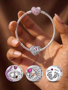 1pc Round Mother-Daughter Bead, Suitable For Women's Bracelets, Bangles, DIY Jewelry Making, And Daily Outfit Matching, Can Decorate Girls' Jewelry - Silver - View 1