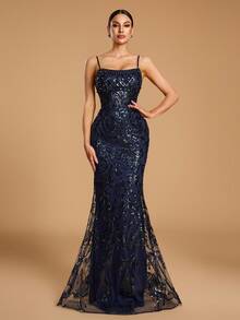 Women's Luxury Deep Blue Beaded Mermaid Evening Gown, Spaghetti Strap Sequin Formal Long Dress With Transparent Train, Suitable For Balls And Events, Women's Formal Long Mermaid Dress, Spaghetti Strap Pearl Sequin Decor Backless Tie Ball Gown - Royal Blue - View 5