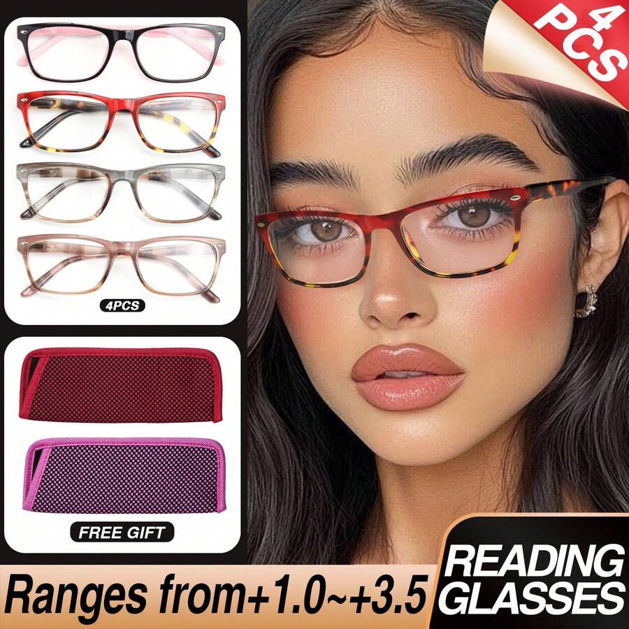 4Pcs Large Frame Rectangular Reading Glasses, Color Block Design, Comfortable Spring Hinges, Suitable For Women's Daily Reading, Comes With High-Quality Glasses Storage Bag - White - View 1