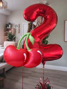 2pcs Large Cherry Number Balloons Set,40inch 0-9 Red Digital Balloon And Cherry Foil Balloon,Suitable For Birthday Party,Cherry Theme,Room Decoration Babyshower. - 40inch - View 1