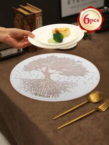 1-12pcs Luxury Tree Of Life PVC Placemats, Light Gold Embossed Round Table Mats For Holiday Table Setting - Multicolor - View 9