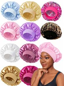 CONFLASS 6/1pc Women's Multi-Color Satin Wide Brim Sleep Cap/Hair Bonnet/Round Hat, Suitable For Daily Use, Random Color - Multicolor - View 18