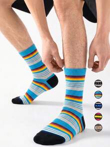 1/5/10 Pairs Men's Retro Colorblock Striped Mid-Calf Socks, Niche Personalized Rainbow Horizontal Stripe Slouch Socks, Autumn/Winter Versatile Socks, Happy Crazy Socks - Multicolor - View 1
