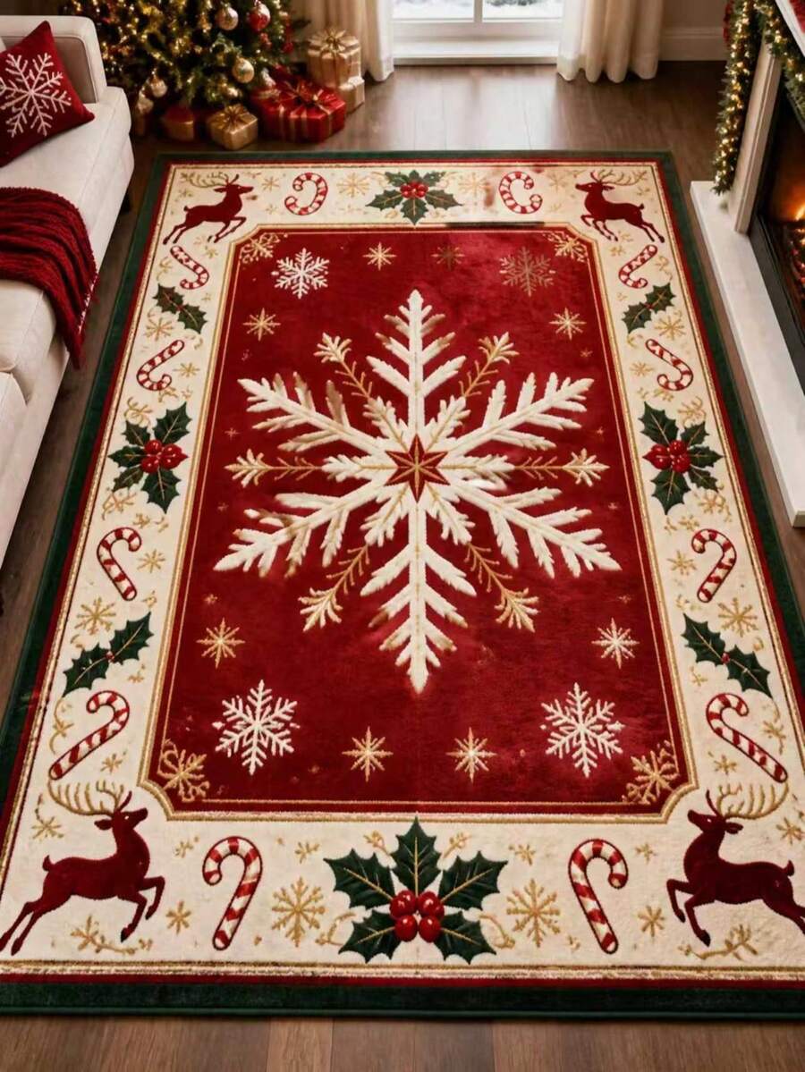 1pc Christmas Red Background Large Snowflake Living Room Rug, Carpet, Area Rug, Large Rug, Floor Mat, Living Room Large Rug, Christmas Rug - Multicolor - View 1