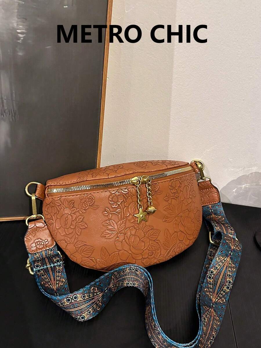 1pc Brown Pressed Floral Pu Fashionable Shoulder, Cross-body, Chest Bag, Waist Bag Suitable For Women Everyday Use, Dates Gift - Brown - View 1