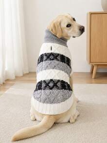 1pc Classic Striped Cable Knit Dog Sweater, Soft Elastic Warm High Neck Pet Clothing, Colorblock Twisted Texture Winter Puppy Outfit, Suitable For Medium To Large Dogs Beagle Corgi Labrador Husky Golden Retriever - Grey - View 5