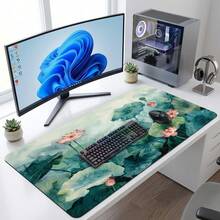 Lotus Pond Ink Art Pattern Extra Long Gaming Mouse Pad & Desk Mat Set, Non-Slip Durable Rubber Base, Smooth Surface, Suitable For PC Laptop Office Home, Abstract Art Decor, Back To School Supplies - A - View 8