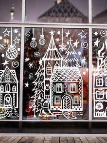4 Sheets/78 Pieces Christmas Winter House Window Stickers - Cartoon Snowflake & Village Decoration, Reusable PVC Static Cling Stickers, Easy To Apply And Remove, Suitable For Glass Doors, Home, Cafe, Mall Holiday Decor, Festive Home Decoration - White - View 1