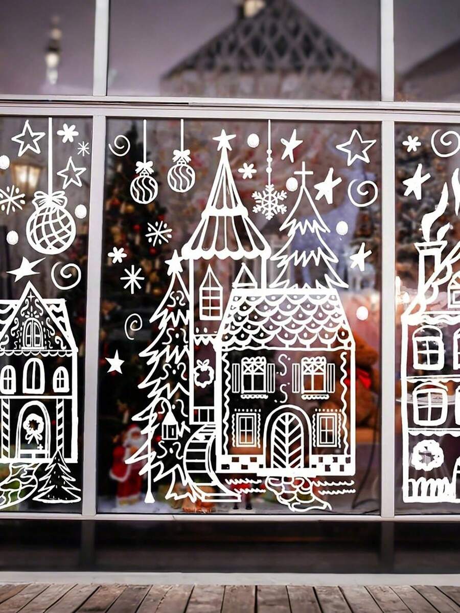 4 Sheets/78 Pieces Christmas Winter House Window Stickers - Cartoon Snowflake & Village Decoration, Reusable PVC Static Cling Stickers, Easy To Apply And Remove, Suitable For Glass Doors, Home, Cafe, Mall Holiday Decor, Festive Home Decoration - White - View 1
