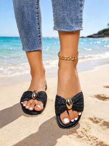 Women's Bow Metal Decor Woven Flat Straw Sandals, Comfortable Minimalist Style, Suitable For Vacation, Beach, Home, Daily Wear, All-Season Beach Woven Open-Toe Slippers, Bohemian Style - Black - View 4