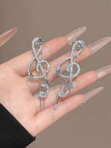 Silver Music Note Rhinestone Hair Clip For Women, New Niche Design Side Bangs Clip, Hair Accessory - Silver - View 4