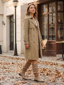 Women's Slouchy Ruched Stacked Tall Boots, Khaki Solid Color Elegant Round Toe Low Chunky Heel Versatile Slimming High Shaft Boots For Autumn/Winter - Khaki - View 6