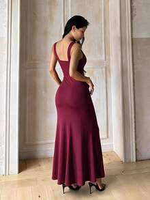 Women's Solid Color Elegant Waist-Cinching Party Dress - Burgundy - View 4