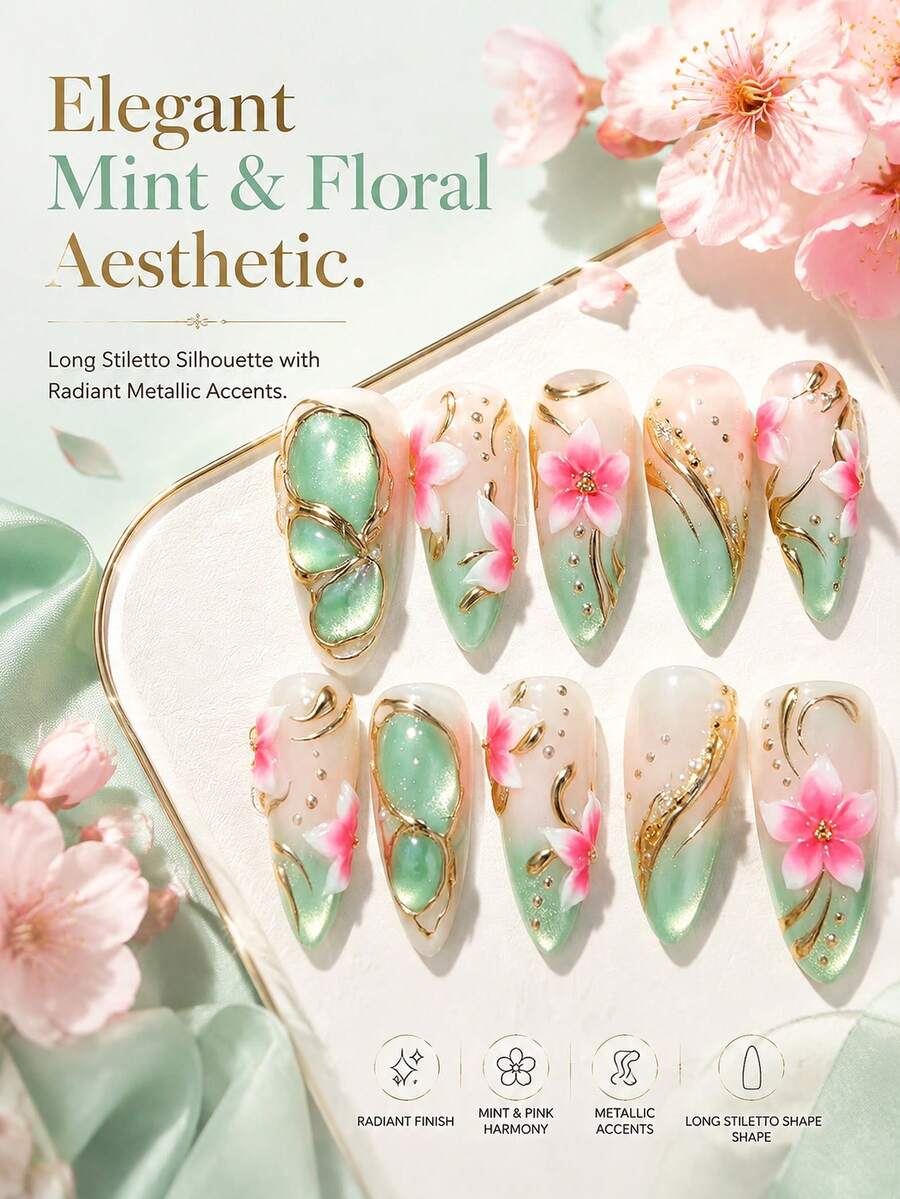 10片裝女款長杏仁形穿戴甲,薄荷粉漸層假指甲,3D櫻花花朵、金色金屬線與珍珠裝飾,優雅清新Gel-X假指甲,適合日常與派對佩戴 - 彩色 - 查看 1
