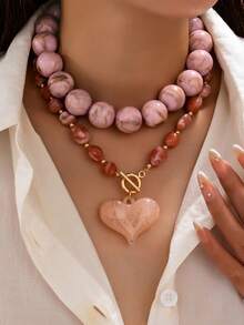 1/2pcs Colorful Chunky Acrylic Bead Necklace, Red Heart Pendant T-Bar Choker, Y2K Style Bead Chain Jewelry, Suitable For Party And Daily Wear - Multicolor - View 5