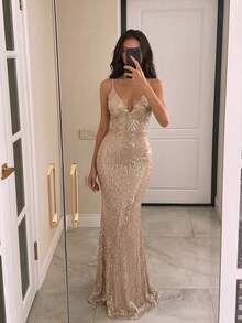 Women's Elegant Sequin Long Dress, Sexy Deep V-Neck Backless Spaghetti Strap Mermaid Tail Evening Gown, Formal Party Dress, Birthday Party Dress, Wedding Dinner Dress - Champagne - View 2