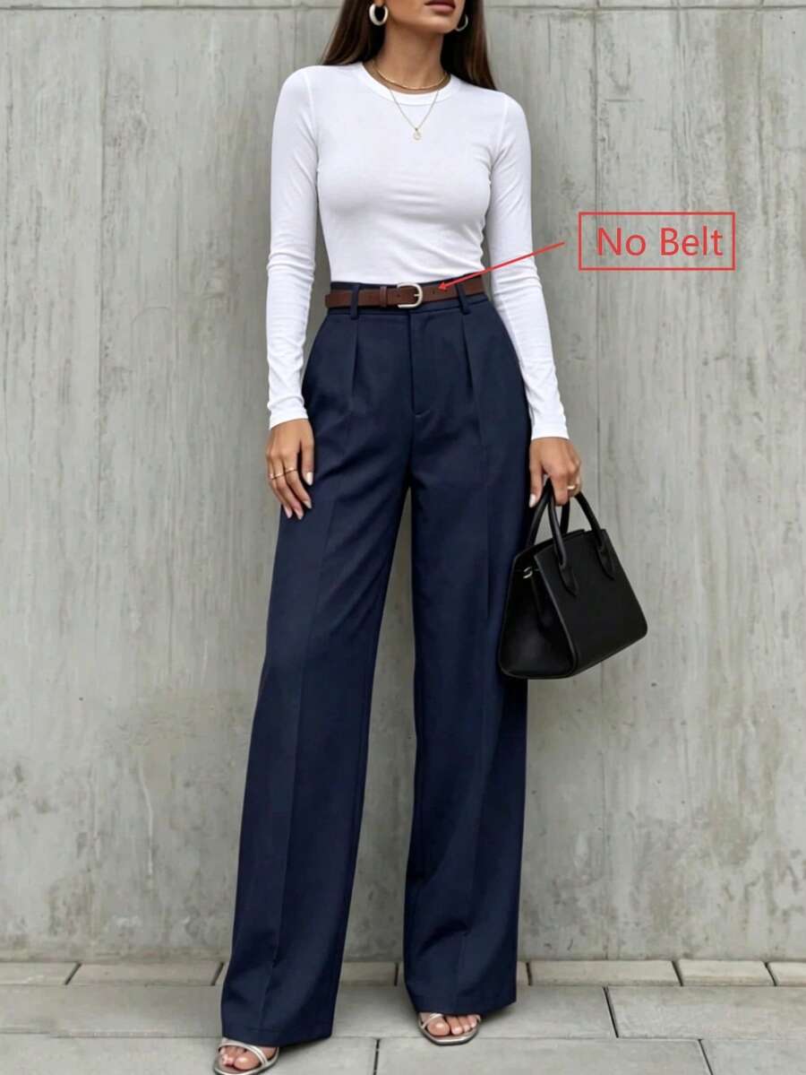 Women's Solid Color Loose Straight Leg Pants For Office And Daily Commute - Navy Blue - View 1