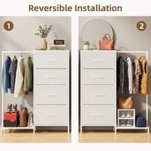 Dresser With Hanging Rack, Small Cloest With 4 Drawers, Tall Storage Tower With Clothse Rack, Sturdy Frame, Fabric Chest For Bedroom, White, 44''H - White - View 6