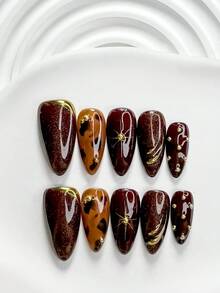 10件裝復古優雅手工穿戴甲，Polygel美甲套組，星光風格，紅色指甲油，美拉德秋季風，3種尺寸可選：方形、短方形、杏仁形，適合派對、跳舞、日常穿戴（手工細節可能有所不同） - 彩色 - 查看 3