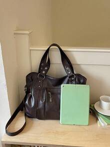 Tote Bag With Metal Rivets And Hardware Decoration, Hand-Carry, Shoulder, And Crossbody Options, Zipper Closure, Vintage Distressed Soft Leather Style, Large Capacity, Suitable For Women's Commuting, Travel, And Daily Use - Coffee - View 3