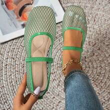 Square Toe Mesh Hollow-Out Elastic Strap Mary Jane Flat Breathable Thin Ballet Style Shoes - Green - View 6