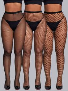 3 Pairs Fishnet Tights Set, Different Mesh Hollow Fishnet Leg Warmers, Women's Street Style Leg Warmers - Black - View 1
