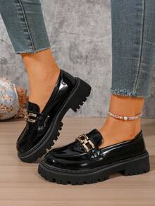 Women's Thick Sole Loafers, Chunky Heel Round Toe Slip-On Loafers, Casual Retro Elegant Easy-To-Wear - Black - View 3