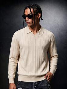 SU ER Men's Airplane Collar Ribbed Knit Sweater, Long Sleeve Turn-Down Collar Knit Top, Autumn/Winter - Apricot - View 2