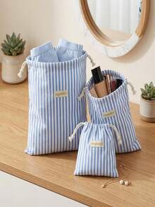 1 PC,Blue-Striped Storage Bag-A Small Drawstring Bag Suitable For Holding Travel Toiletries, Gift Wrapping, Or Storing Small Items Such As Jewelry And Cosmetics (Smallest Size). - View 1