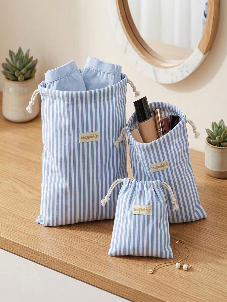 1 PC,Blue-Striped Storage Bag-A Small Drawstring Bag Suitable For Holding Travel Toiletries, Gift Wrapping, Or Storing Small Items Such As Jewelry And Cosmetics (Smallest Size). - View 1
