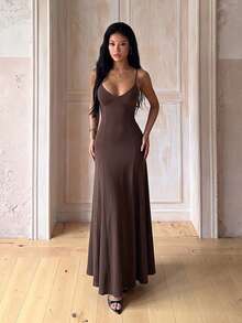 Women's Casual V-Neck Spaghetti Strap Maxi Dress, Flowy Flared Swing Long Party Gown For Birthday, Vacation, Holiday Events, Brown - Brown - View 6