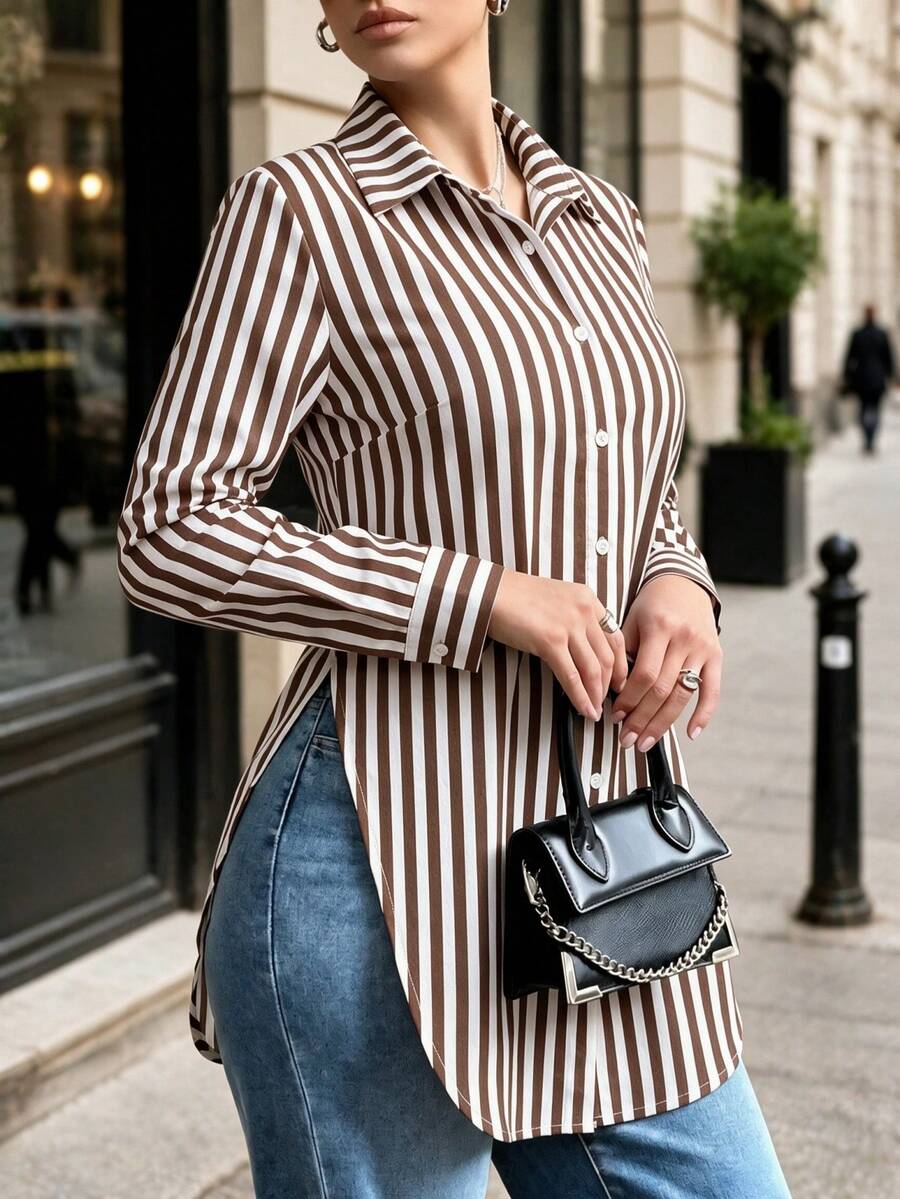 Women's Striped Button-Front Long Sleeve Collared Casual Long Shirt, Front Short Back Long Side Slit - Brown - View 1