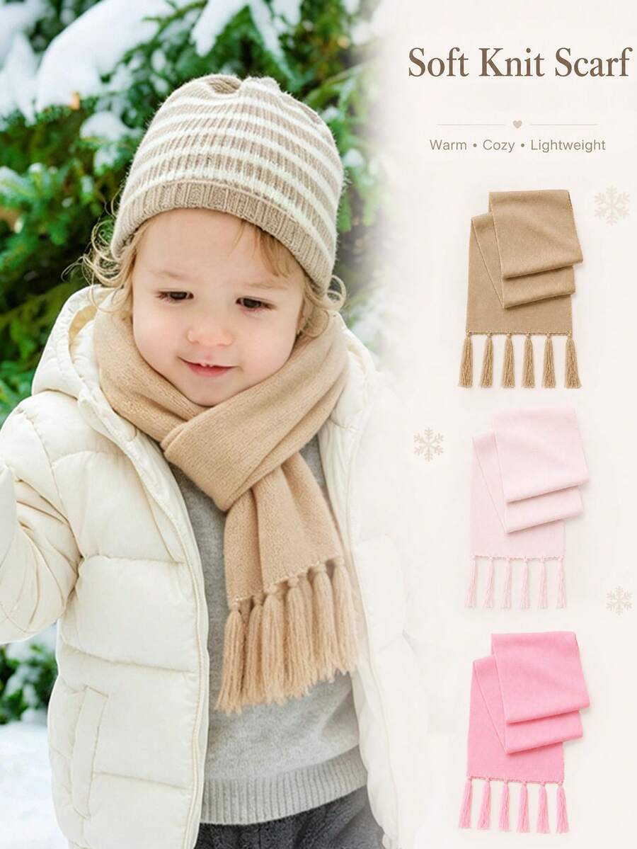 1PC Baby Fashion Knitted Tassel Scarf, 7 Solid Colors Minimalist Casual Style, Autumn/Winter Baby Preferred Accessory, Suitable For Basic Commuting, Daily Casual Wear, Hand Washable - Multicolor - View 1