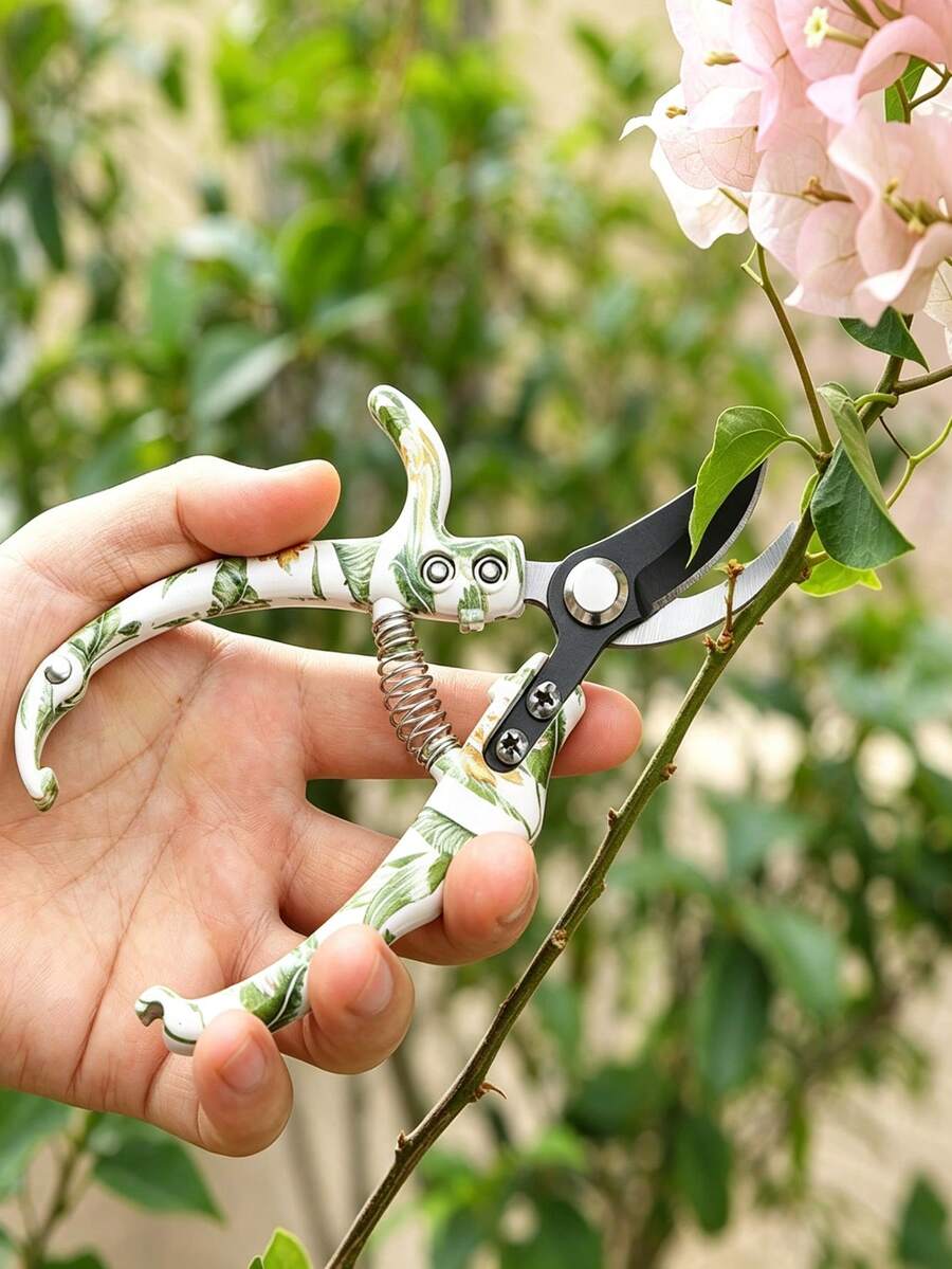 1pc Curved Pruning Shears SK5 Steel Blade Floral Print Handle Bypass Secateurs Precision Garden Clippers Spring Loaded For Bonsai Fruit Picking Potted Plants Trimming (Free Cardboard Packaging) - A - View 1