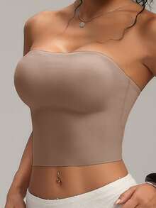 1pc Women's Solid Color Casual Bra, Wire-Free Removable Padding Strapless Anti-Slip Bandeau, Comfortable Seamless Design Suitable For Multiple Occasions And All Seasons - Brown - View 7