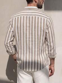 Men's Versatile Comfortable Striped Long Sleeve Single-Breasted Casual Pocket Shirt, Loose Fit Linen-Like Casual Top With Chest Pocket - Multicolor - View 2