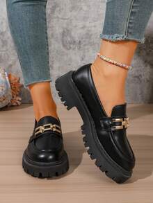 Women's Thick Sole Loafers, Chunky Heel Round Toe Slip-On Loafers, Casual Retro Elegant Easy-To-Wear - Black - View 6