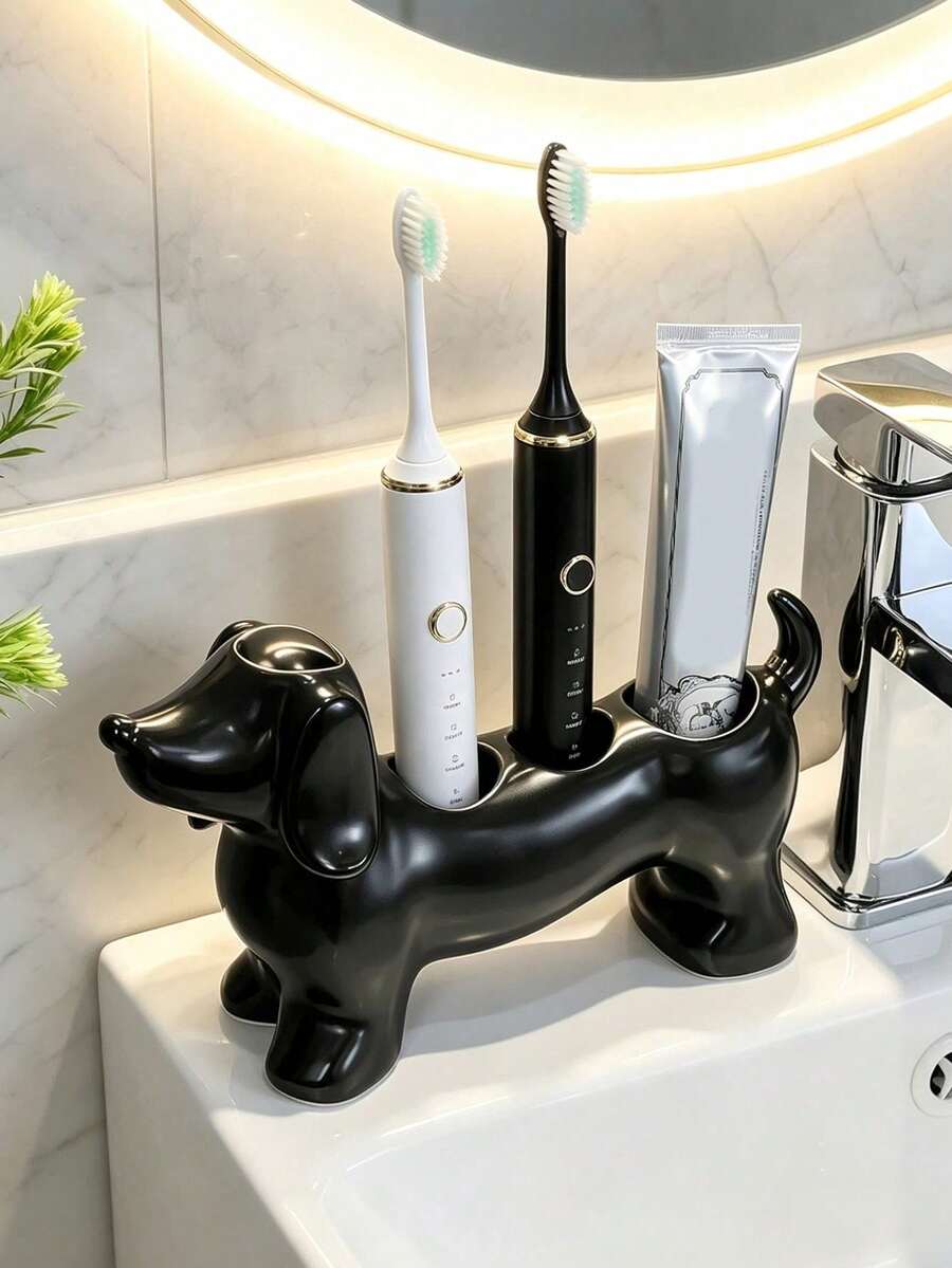 1pc Minimalist Dachshund Shaped Bathroom Storage Box Toothbrush Holder, Electric Toothbrush Stand Organizer, Toothpaste Makeup Brush Storage Base, Suitable For Toothbrushes And Toiletries, Bathroom Home Decor Storage