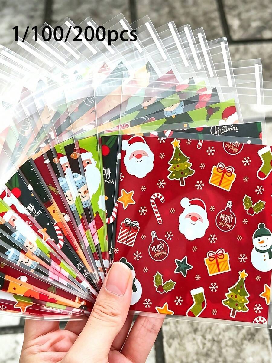 1/100/200pcs Christmas Self-Adhesive Gift Bags, Self-Sealing Pouches With Santa Claus, Christmas Tree, Snowman, Gingerbread Man Patterns, Mixed Colors, Exquisite Design, Rich Christmas Atmosphere, Suitable For Christmas Party - Multicolor - View 1