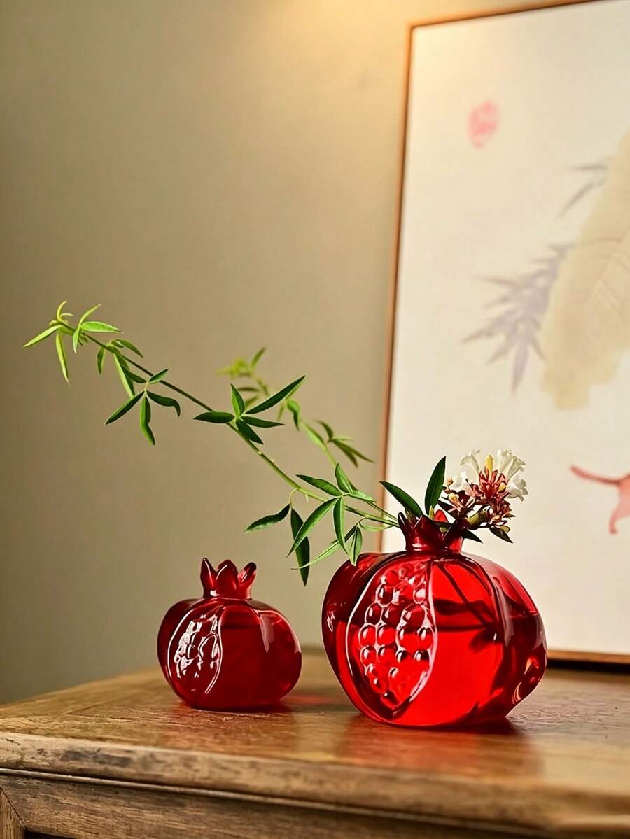 Handmade Japanese Glass Vase Suitable For Hydroponic Mini Water-Grown Flowers, Retro Modern Minimalist Cylinder Vase With Geometric Round Shape, Small Pomegranate Flower Holder For Desktop Table Centerpiece, Decor Glass Vessel - Multicolor - View 1