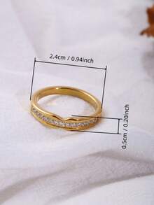 1pc Stainless Steel 18K Gold Plated Wavy Curved Half-Circle Rhinestone Ring, Elegant Elegant, Suitable For Dress, Shirt, Daily Wear, Versatile Commute Accessory - Wavy Half-circle Rhinestone Ring - View 2